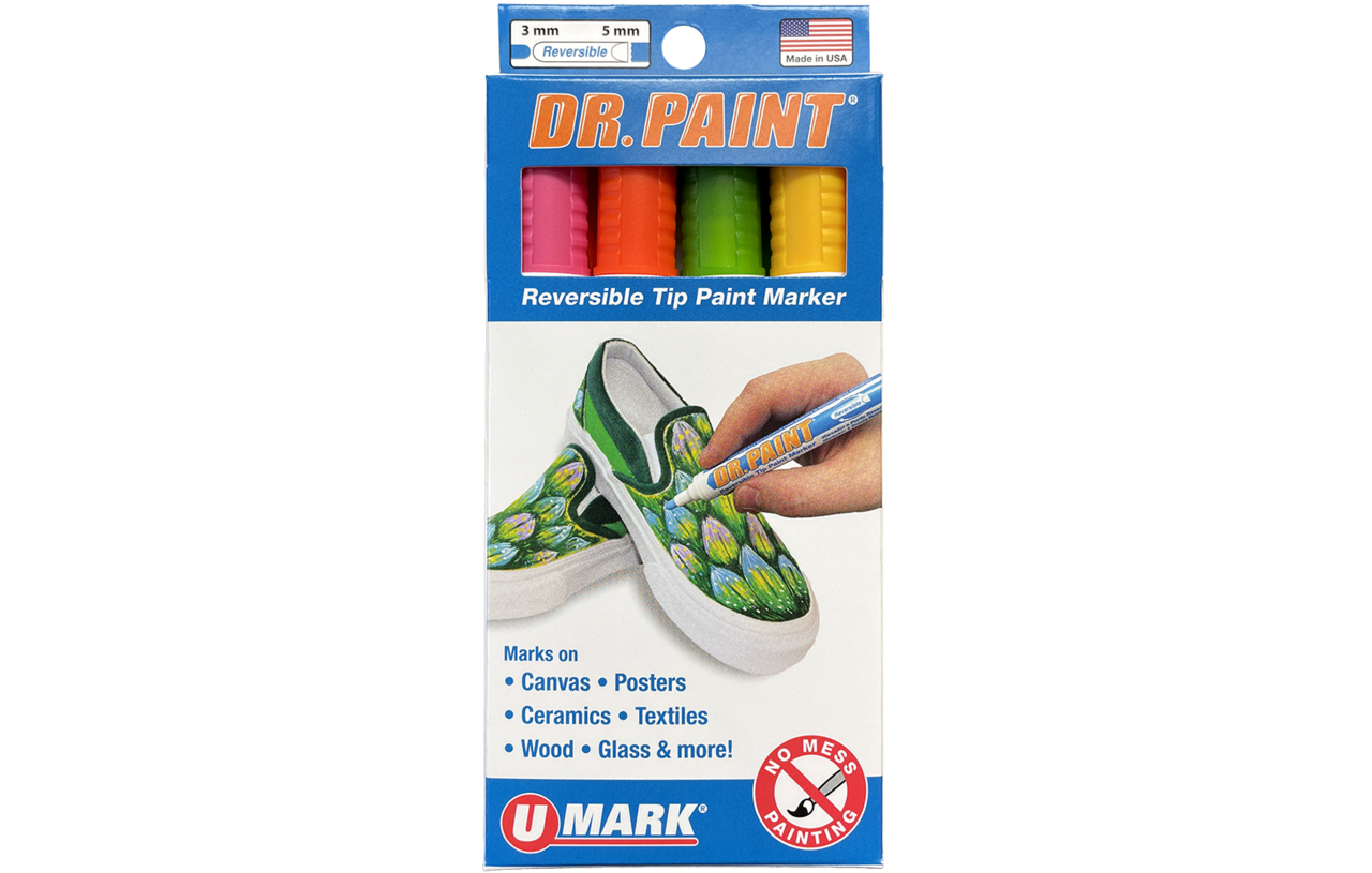 U-Mark DR. PAINT™ REVERSIBLE TIP PAINT MARKER - 1 ea. Green, Yellow, Orange and Pink